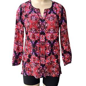 J Crew Top Blouse Women's 2XS Black Red Purple Floral Print Split‎ Neck Boho